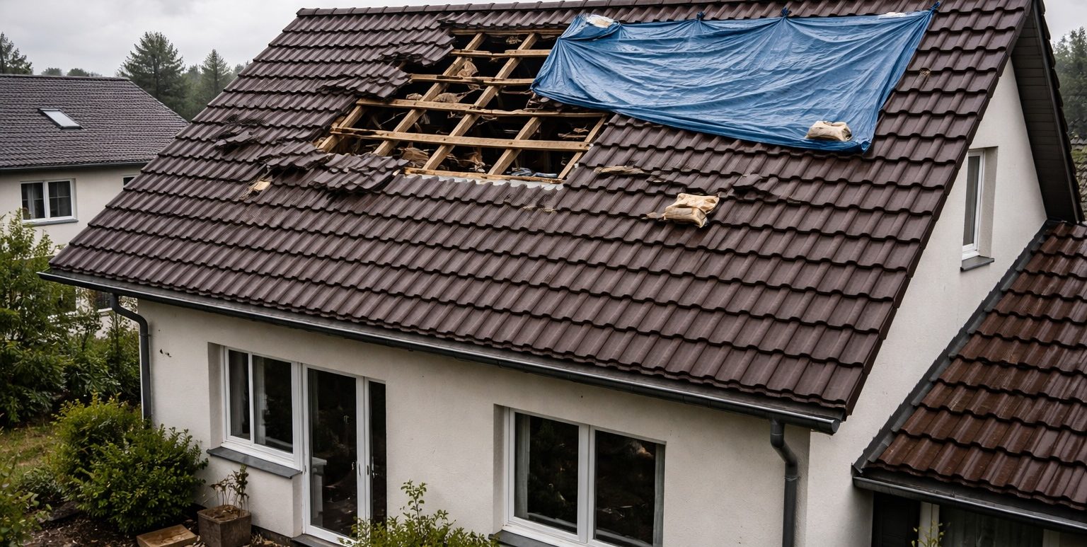 Sturmschaden an einem Hausdach Ein Sturm hat bei einem Einfamilienhaus die Dachziegel beschädigt - ein klassischer Elemntarschaden