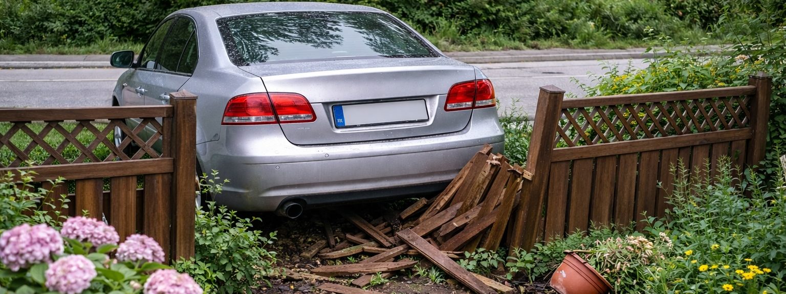 Haftpflichtschaden KFZ Unfall Ein PKW ist rückwärts durch einen Zaun gefahren - ein klarer Haftpflichtschaden