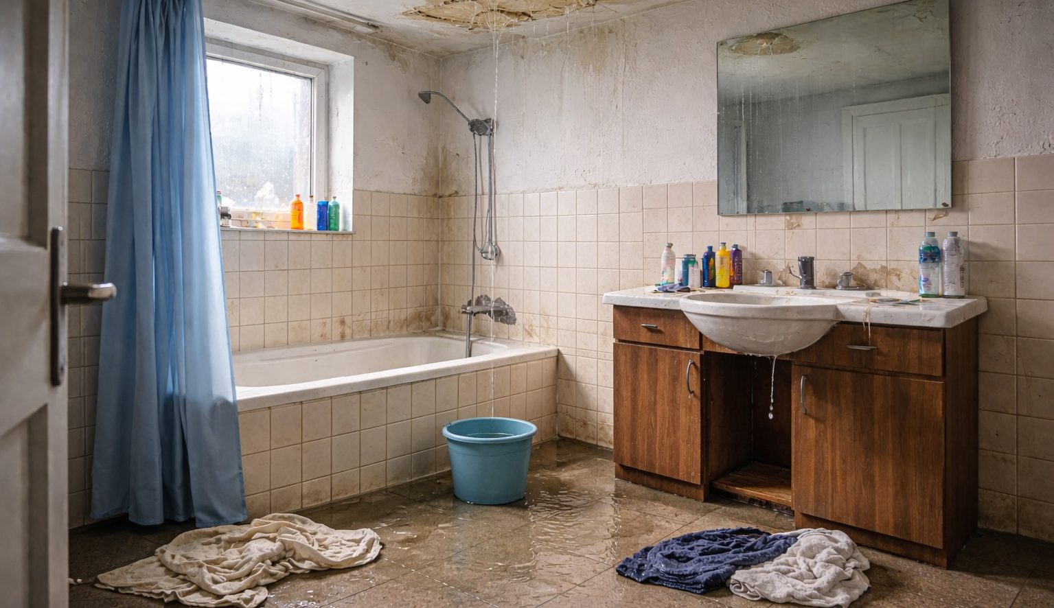 Wasserschaden in einem Badezimmer Wasser rinnt durch die aufgeweichte Decke und Handtücher liegen in Wasserlachen am Boden.